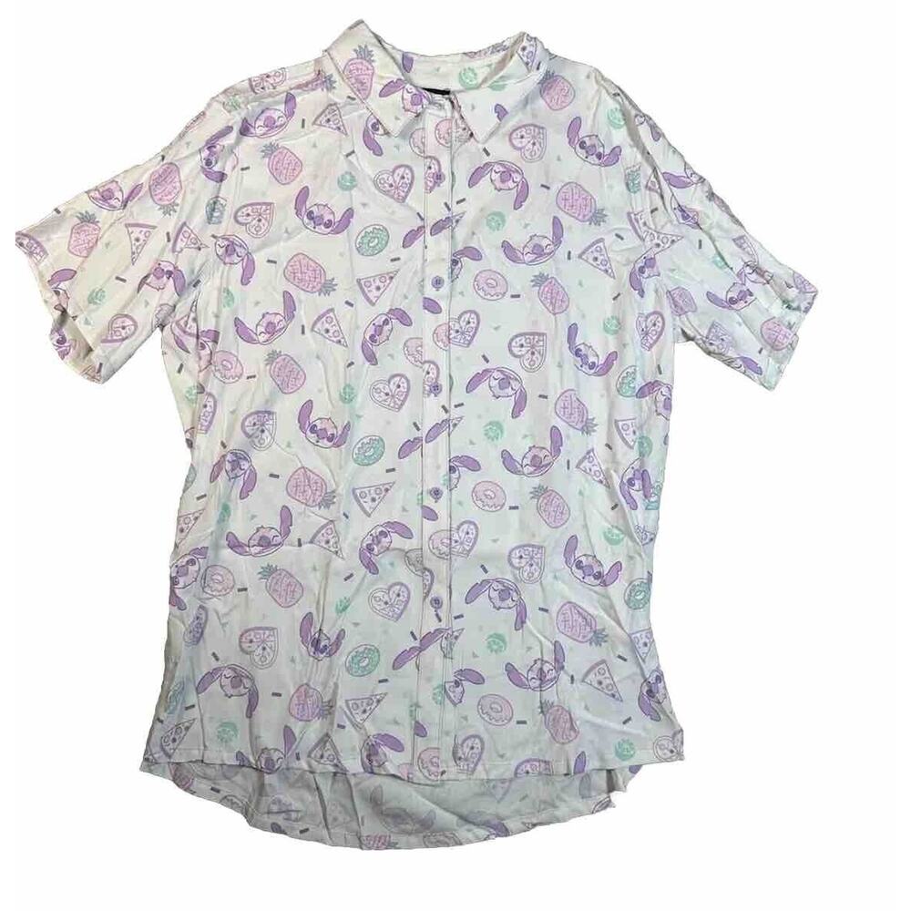 Disney Stitch Snacks Rayon Button Front Shirt Pizza Pineapple Donuts Large